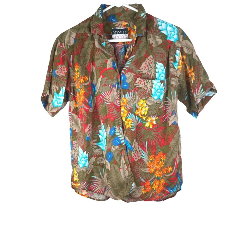 Sandra Ingrish Sort Women's Sz L Tan Brown Floral Tropical Shirt